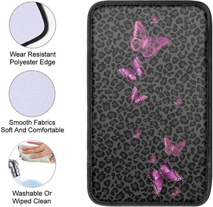 Black Leopard Butterfly Car Center Console Cover,Car Armrest Cover Cushion,Universal Butterfly Car Accessories