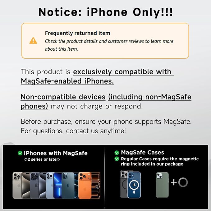 ACMEZING Only for iPhone 15W MagSafe Car Mount Charger, 360% Adjustable Aluminum Alloy Arm, Relocatable Car Phone Holder, Magnetic Wireless Fast Charging, Cell Phone Holder for All Car Models, Black