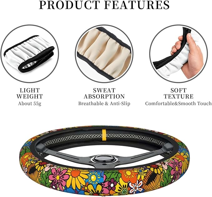 Hippie Flower Neoprene Steering Wheel Cover for Men Women Anti-Slip Elastic Steering Wheel Protective Cover 15in Universal Car Accessories Fit Cars, SUVs, Auto