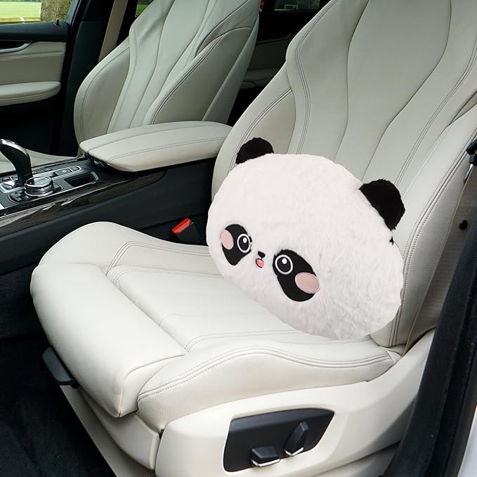 Car Lumbar Support Pillow with Cute Cartoon Panda Design, Round Plush Back Cushion for Driver and Passenger Seat, Soft Rabbit Hair Embroidered Lower Back Rest for Office