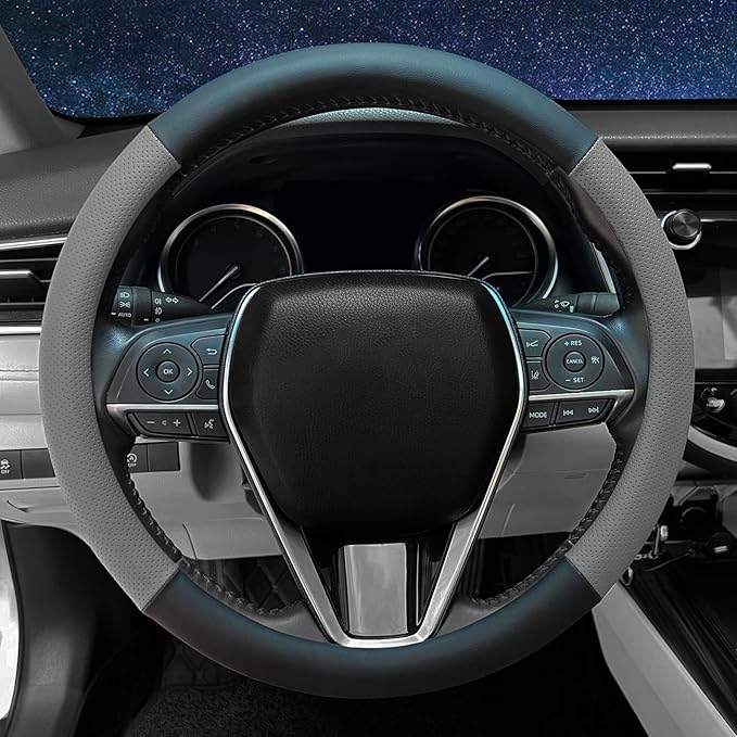 Mihecor Steering Wheel Cover Standard Size 14.5-15 inch, Non-Slip Car Wheel Cover Protector, Breathable Microfiber Leather, Black and Gray