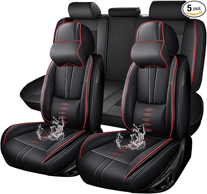 Premium Universal Car Seat Cover, Comfortable Leather Seat Cover for 96% of Models, Waterproof Car Seats Protectors Cushions for 5 Seats(Black+Red,Pillows)