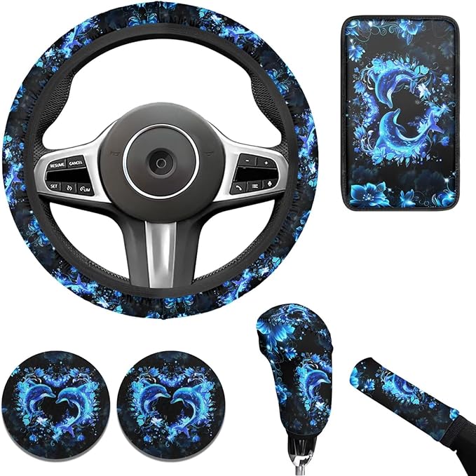 Neon Dolphin Elastic Steering Wheel Protector for Men Women 6 Pcs Car Interior Decor Cup Coaster Handbrake Cover Fit Auto, Suvs, Truck