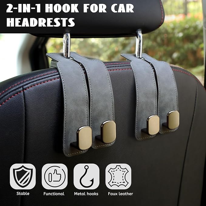 MROUEN 2 PCS Car Seat Back Storage Hooks, Car Hooks Purses and Bags Cute, Leather Seat Hooks, Purse Holder & Mobile Phone Holder, Bag, Purse Hanger