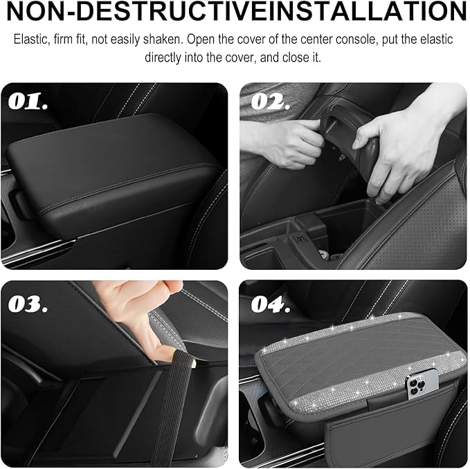 NBTEPEM Bling Gray Car Center Console Cover, Leather Car Arm Rest Cover with 2 Storage Bags, Universal Auto Armrest Protector Storage Box, Bling Accessories Interior for Most Vehicles