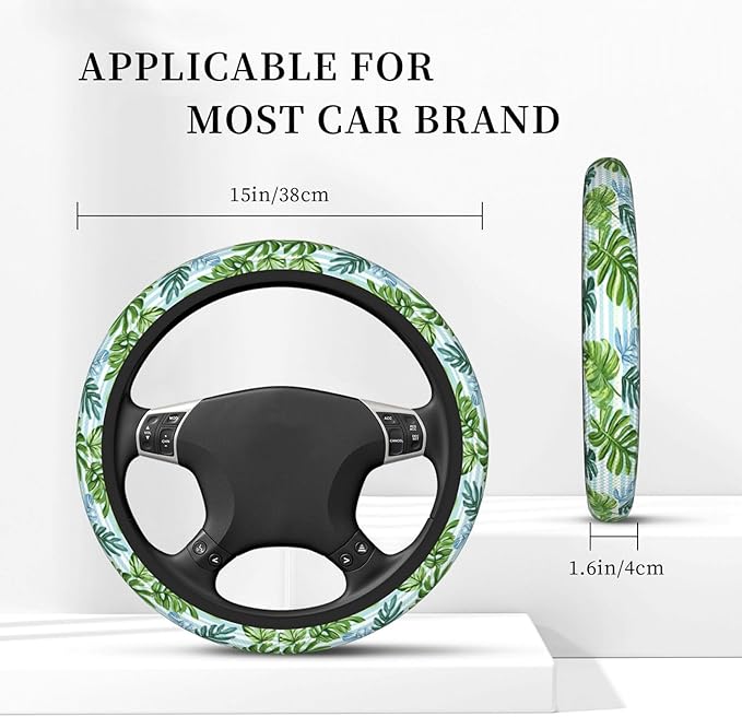 Tropical Leaves Stripes Steering Wheel Cover for Women Men Girls, Car Accessories Decor Thickened Anti-Slip Auto Steering Wheel Covers Protector Universal Fit 15 Inch for Cars, Truck, SUV