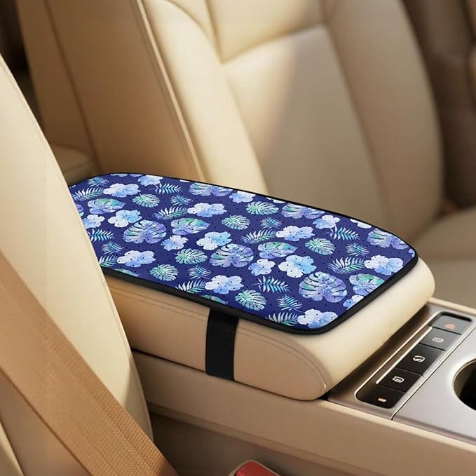FUSURIRE 5 PCS Tropical Palm Leaf Car Accessories Set-PU Front Seat Covers, Seat Belt Covers & Center Armrest Pad Universal Fit Car SUV Truck Van