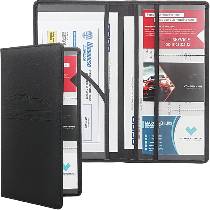 Car Registration and Insurance Holder, Premium Leather Insurance and Registration Holder,vehicle Glove Box Car Organizer, with Magnetic Shut for Cards, Driver License (Black)