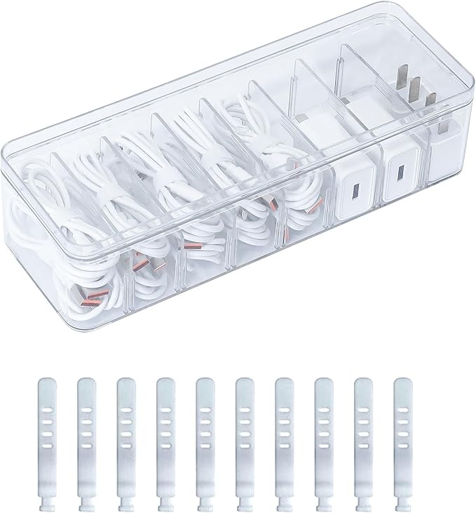 Cord Storage Organizer for Desk Drawer, Plastic Adjustable Cable Organizer Box with Lid and Wire Ties, Clear Phone Charger Case for Home Office