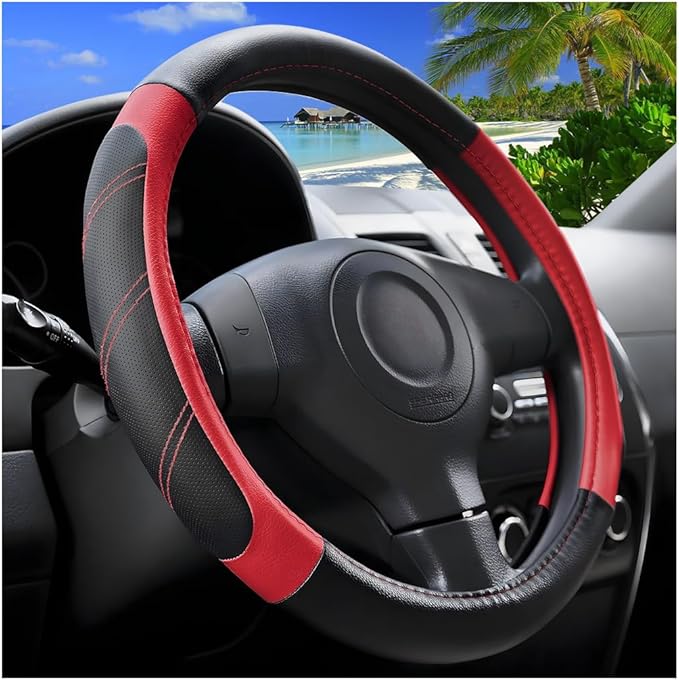 Car Steering Wheel Cover, 14.5-15" Non-Slip Leather Sporty Vehicle Steering Wheel Protector, Breathable Auto Interior Decoration Accessories, Universal for Van Truck Sedan (Black/Red)