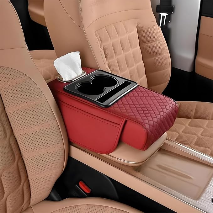 Multifunctional Pu Leather Car Armrest Box Mat With Cup Holders, Universal Armrest Box Pad, With Side Pockets, Easy To Clean Interior Organizer Waterproof For Cars, Trucks, Suvs (Embossed, Red)