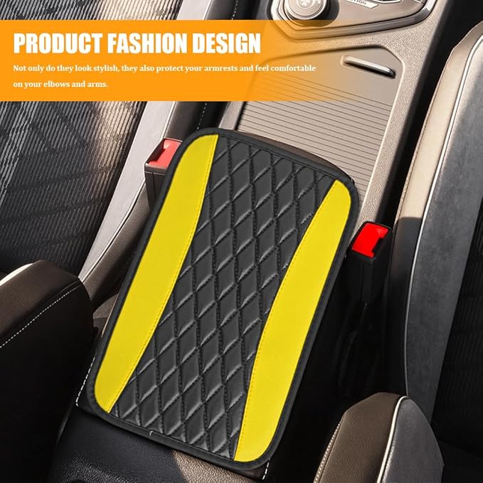 Car Center Console Cover, Leather Waterproof Armrest Seat Box Cushion Pad, Universal Decor Protector Mat, Comfortable Car Decor Accessories Fit for Most Cars, Vehicles, SUVs (Yellow)