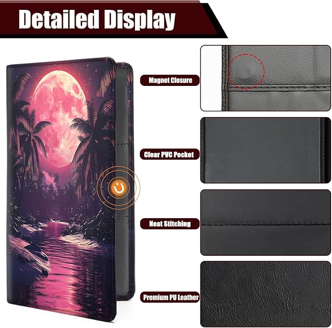 Car Document Holder with Magnetic Shut, Car Registration and Insurance Card Holder, Vehicle Glove Box Organizer Documents, Driver License, Auto Paperwork Organizer Wallet, Under Pink Moonlight Pattern