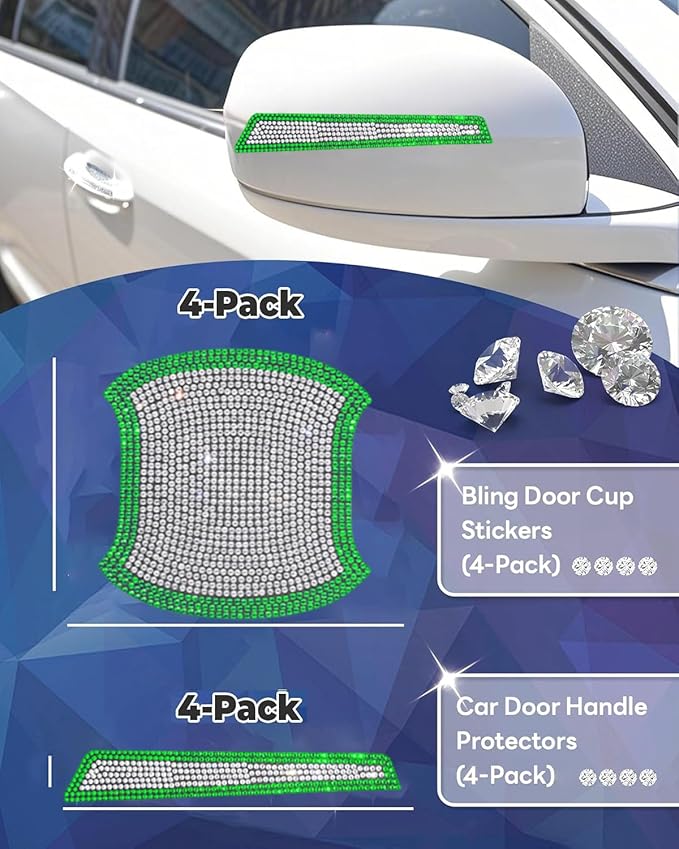8Pcs Bling Car Door Handle Protector Stickers,Crystal Rhinestone Glitter Car Door Handles Cup Scratch Protectors Decals Universal (Green White)