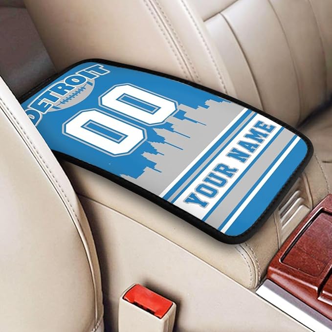 Custom Detroit Car Armrest Covers Personalized Football Style with Name Number Customized Auto Center Console Pad Car Handrail Box Cushion for Most Vehicle Decor Accessories, Fans Gift