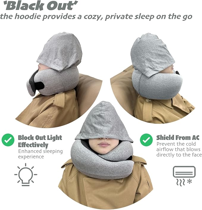 LuxeVoy 2025 Travel Neck Pillow,Stowable Hood,Ergonomic Neck Pillow Airplane,Premium Memory Foam,360º Support,Adjustable Fit,Washable Cover,Complete Travel Set,for Flight,Car and Office (Silver)