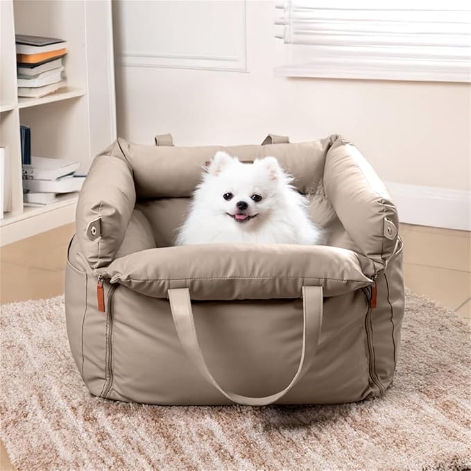 FUNNYFUZZY Leather Dog Car Seat for Small ＆ Medium Sized Dogs Up to 35lbs, Waterproof and Washable Dog Booster Seat Car Bed for Travel and Home,Portable and Safety(Beige)