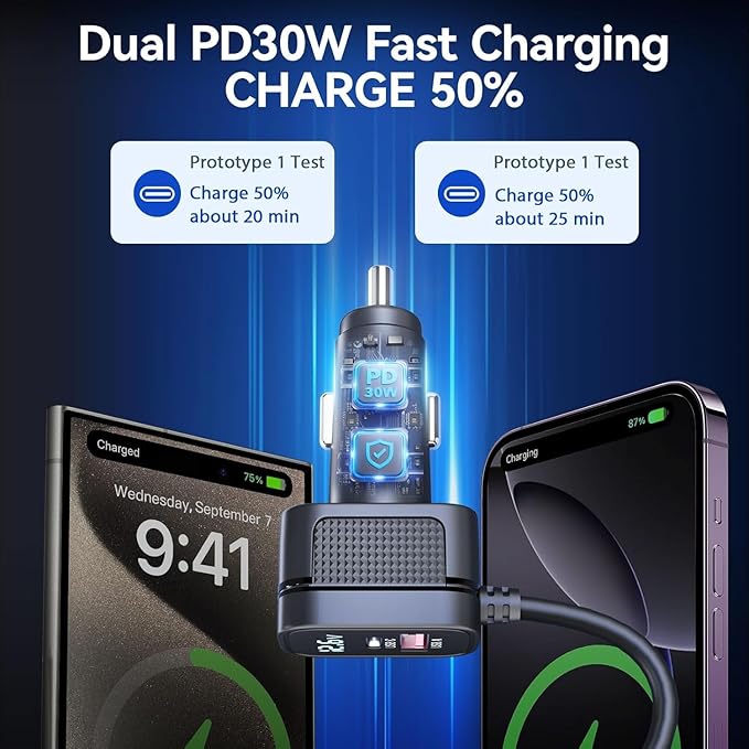158W 9 in 1 Cigarette Lighter Splitter with 3 Socket Multi Port Car Charger Adapter Dual PD30W and 3 USB-A QC3.0 DC 12V/24V Independent Switches and Voltage Display for Car Truck Ipad Camping