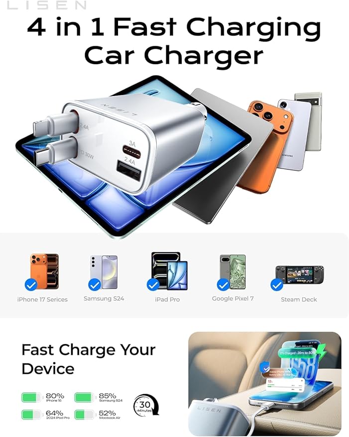 LISEN Retractable Car Charger for iPhone 17 Pro Max, 75W Retractable Car Charger, Cute Girly Car Accessories for Women, Valentines Day Gifts for Men Women, fit iPhone 16 15 14 Samsung Galaxy