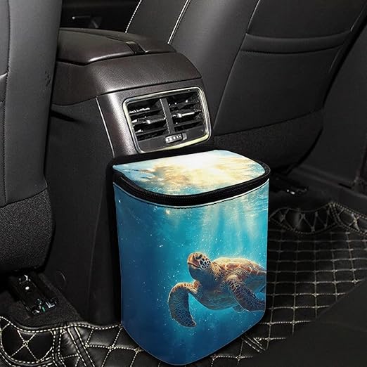 Talayituse Sea Turtle Print Car Trash Can with Lid, Leak Proof Auto Trash Bag Hanging Vehicle Garbage Can Multipurpose Storage Container for Back Seat Road Trip