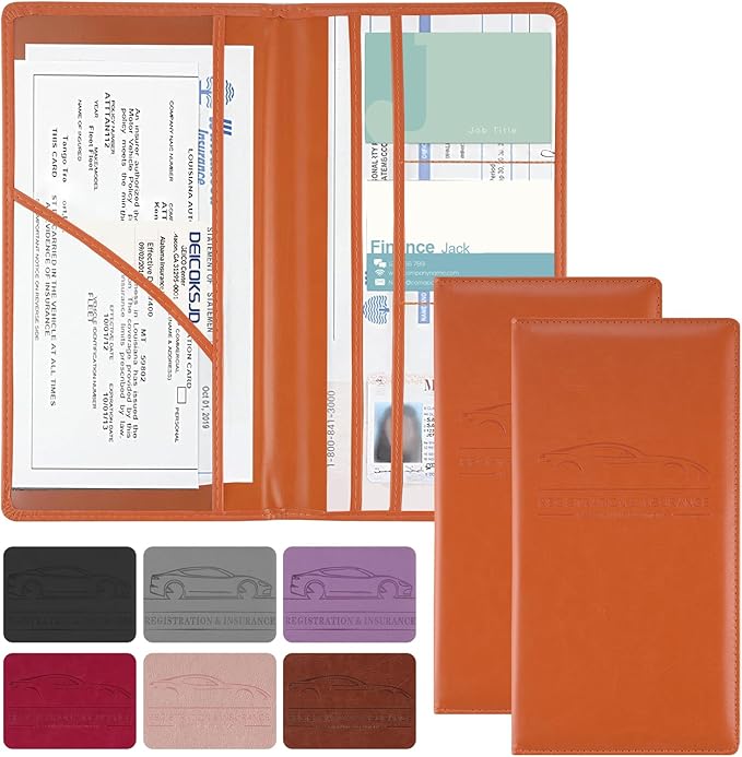 JUSTTOP 2Pack Car Registration and Insurance Holder,Car Document Holder for Cards License with Magnetic Shut,Vehicle Glove Box Car Organizer for Documents, Cards, License(Orange)