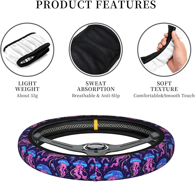 Purple Fantasy Jellyfish Steering Wheel Cover For Women Men Girls, Car Accessories Decor Thickened Anti-Slip Auto Steering Wheel Covers Protector Universal Fit 15 Inch For Cars, Truck, Suv