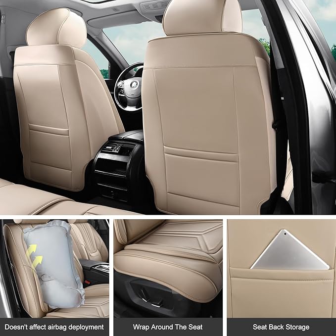 SCDOOCA Car Seat Covers Full Set Beige, Luxury Leather Car Seat Covers, Waterproof and Breathable Seat Covers, Universal Car Seat Protector Fit for Cars, Trucks, SUVs, Pick-ups (Full Set)