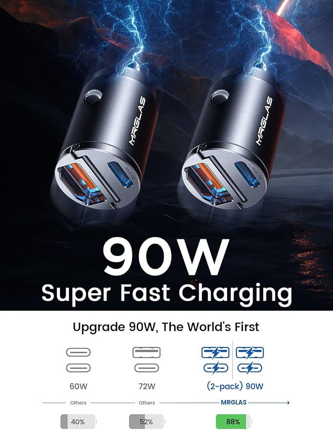 MRGLAS 2-Pack 90W USB C Car Charger,[Super Mini Metal] Car Charger Fast Charging Adapter PD+QC3.0 Dual Port Type C Car Cigarette Lighter USB Compatible iPhone 17 Air 16 15 Pro Max iPad Samsung S25