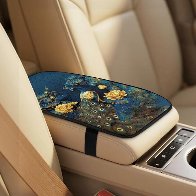 Qeluxign Peacock Floral Car Accessories Set for Women Center Console Armrest Pad Seat Belt Cushion Universal Car Accessories for SUV Van Truck