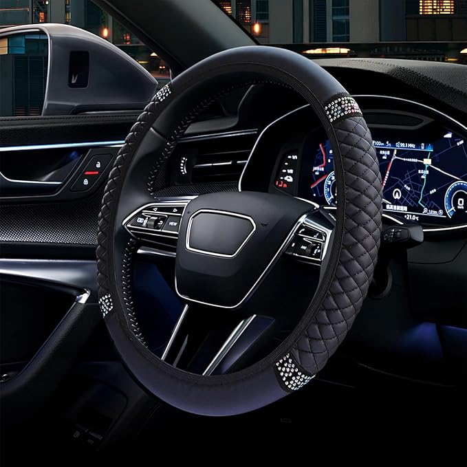 Bling Soft Leather Steering Wheel Cover, 15" Anti-Slip Sparkly Crystal Auto Elastic Steering Wheel Protector for Women Girl, Colorful Diamond Car Interior Accessory for Most Cars (Black)