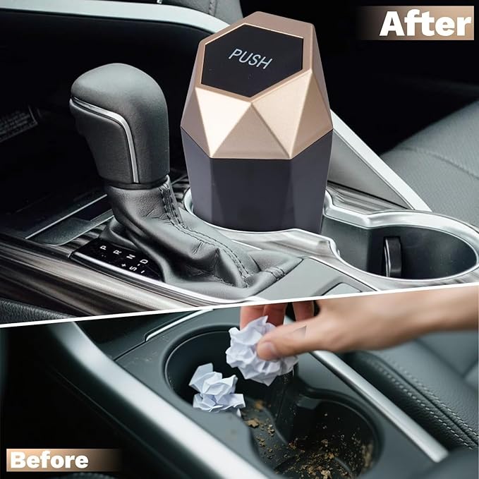 Car Trash Can, 2 Pack Car Trash Bin with Lid, Car Accessories for Women Interior, Car Garbage Can with Additional 2 ABS Hooks and 60pcs Trash Bags, Suitable for Home, Office, Car Organizer, Gold