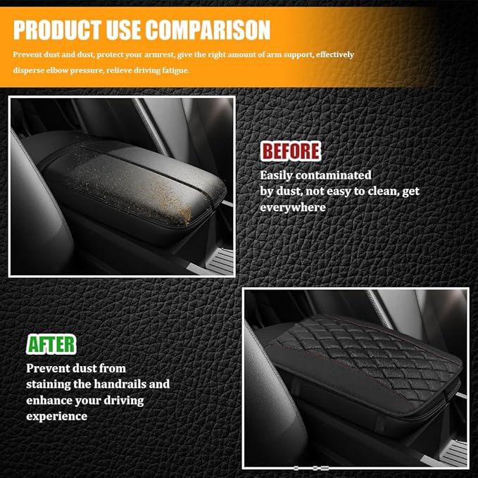 Car Center Console Cover, Leather Waterproof Armrest Seat Box Cushion Pad, Universal Decor Protector Mat, Comfortable Car Decor Accessories Fit for Most Cars, Vehicles, SUVs (Black)