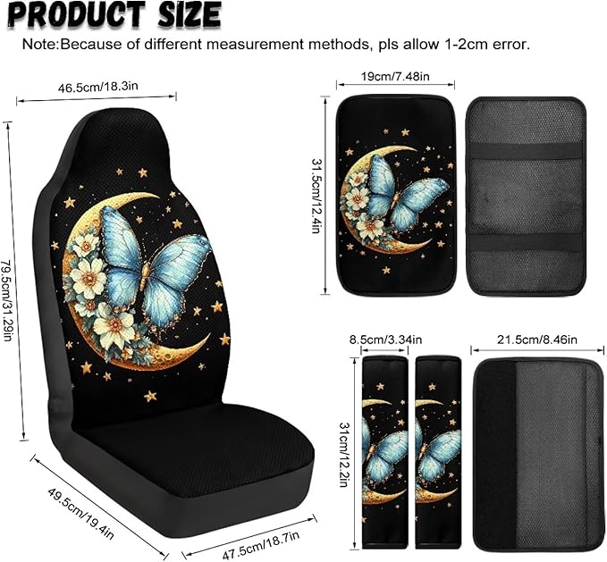 Qeluxign Car Seat Covers Butterfly Moon Star 2 Front Seats Universal Fit Center Console Protector Auto Seat Belt Cover Against Stains, Spills, Dust Car Interior Accessories 5 Piece Set