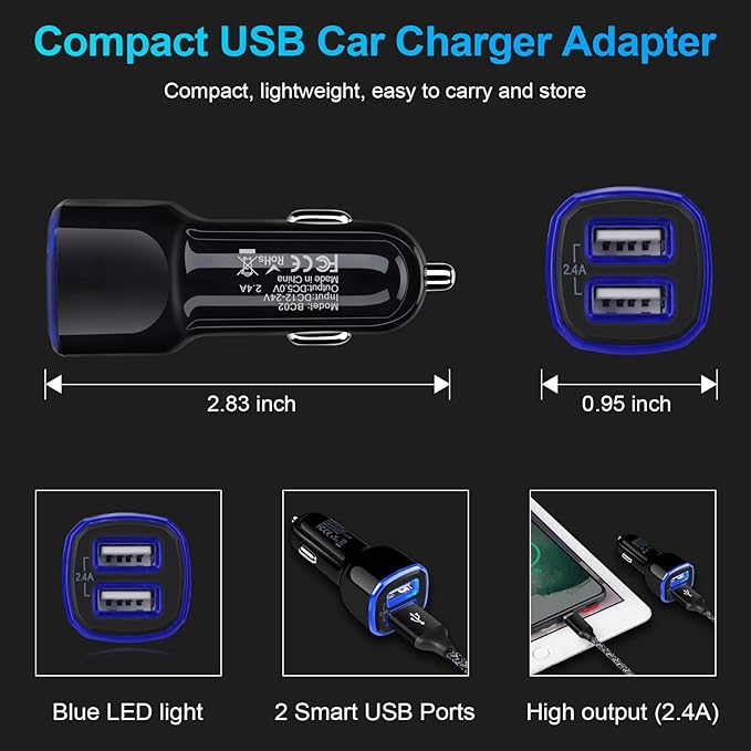 Car Charger iPhone, 5Pack 2.4A 12V USB Adapter Car Cigarette Lighter USB Charger Car Plug for iPhone 17 16e 16 15 14 13 12 11 SE XR XS X 8 7 6,Samsung Galaxy S25 S24 S23 S22 S21 S10 S9,Android,Kindle