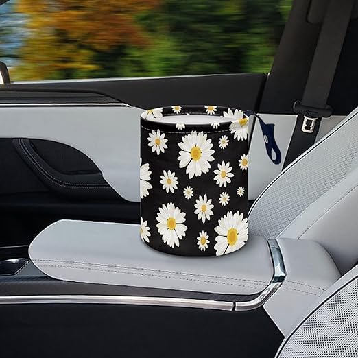 Brosoneto Cute Daisy Print Portable Car Garbage Bin Reusable Collapsible Hanging Portable Dustbin Bin Waste Basket Car Accessories Interior for Car SUV Trucks Universal