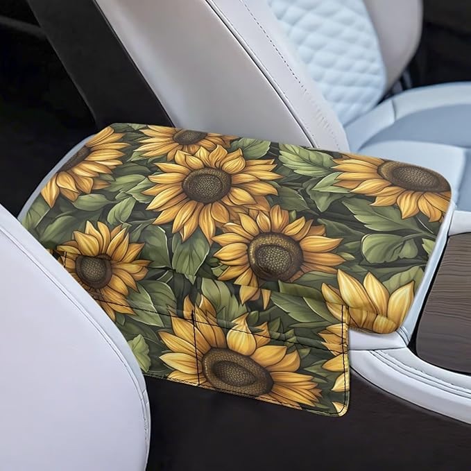 Dreaweet Car Center Console Cover with Pockets Vintage Sunflower Print Car Accessories Soft Thick Car Arm Rest Cover Pad Universal Armrest Cover for Car Truck SUV Van