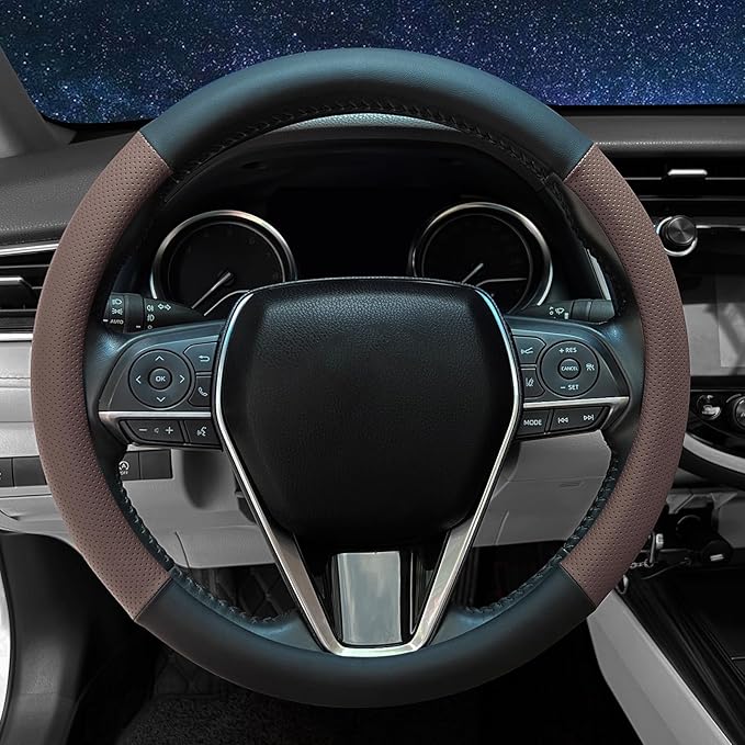 Mihecor Steering Wheel Cover Standard Size 14.5-15 inch, Non-Slip Car Wheel Cover Protector, Breathable Microfiber Leather, Black and Chocolate Brown