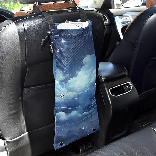 ALAZA Hanging Car Trash Bags Garbage Bag Trash Can for Back Seat Small Cloud Blue Washable Storage Bag Retractable 2 Pack