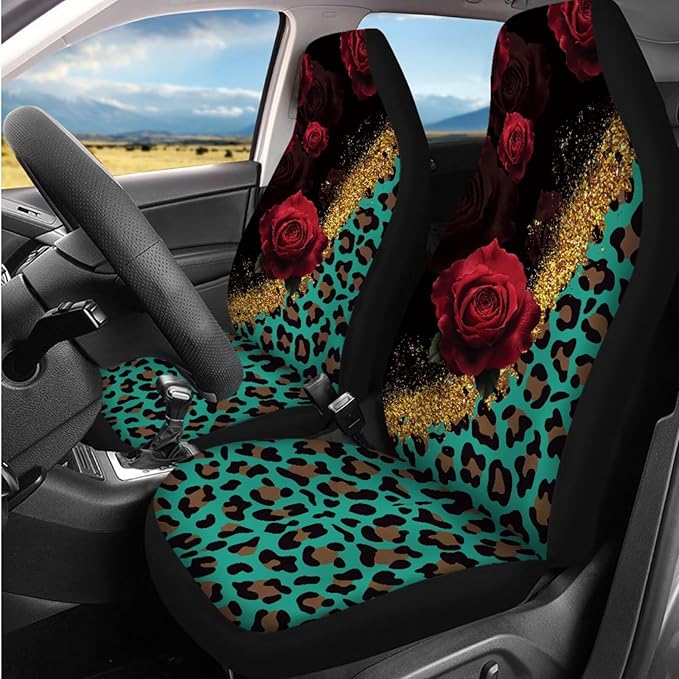 Dngkaoje Leopard Rose Print Car Seat Covers Full Set for Women Auto Interior Protector Front Back Seat Rugs 13 Pcs Leopard Steering Wheel Cover Car Armrest Pad Cover,Universal Collapsible Garbage Bin
