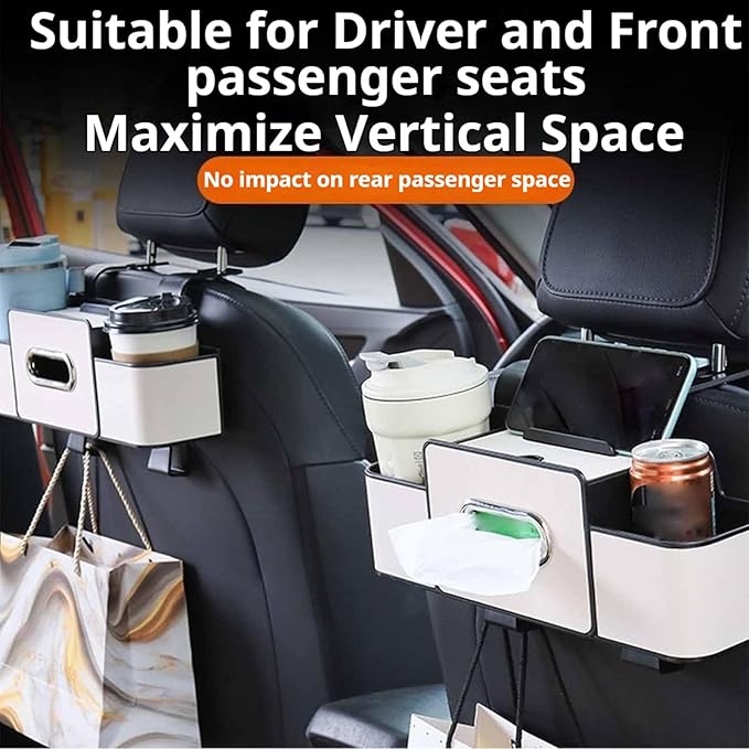 Car Organizers and Storage Box Behind Seat, 2026 New Car Headrest Organizer Back Seat with Drink Cup Holder Tissue Box for Hold Phone, Snacks, Drinks, Handbag (Black)