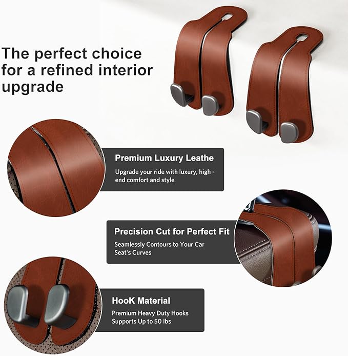 CoBak Purse Hook for Car - Universal Premium Stitched Leather and Aluminum-Magnesium Alloy Double Car Seat Back Storage Hook for Purses, Handbags, Bags (2 Pack),Russet Brown