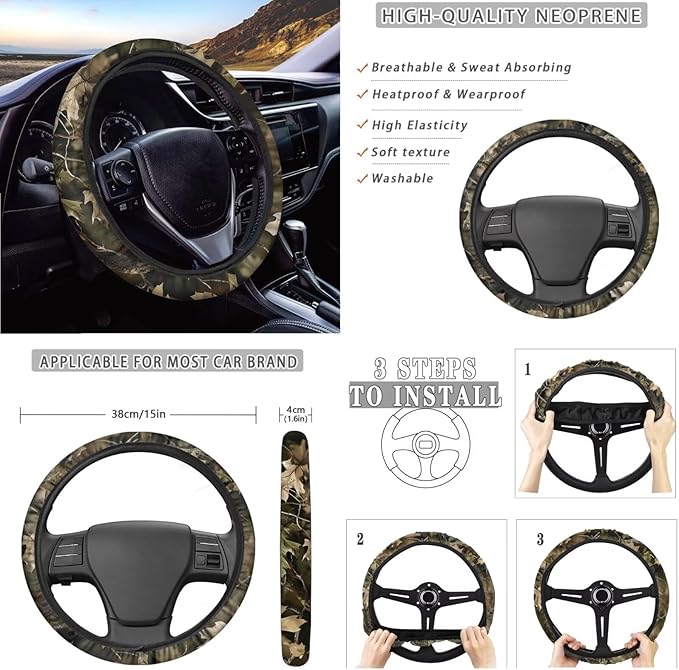 10 Piece Car Seat Cover Sets for Women and Men, Camouflage Hunting Printed Car Front and Back Seat Protector Steering Wheel Cover Trash Can Air Vent Storage Bag Wristlet Keychain