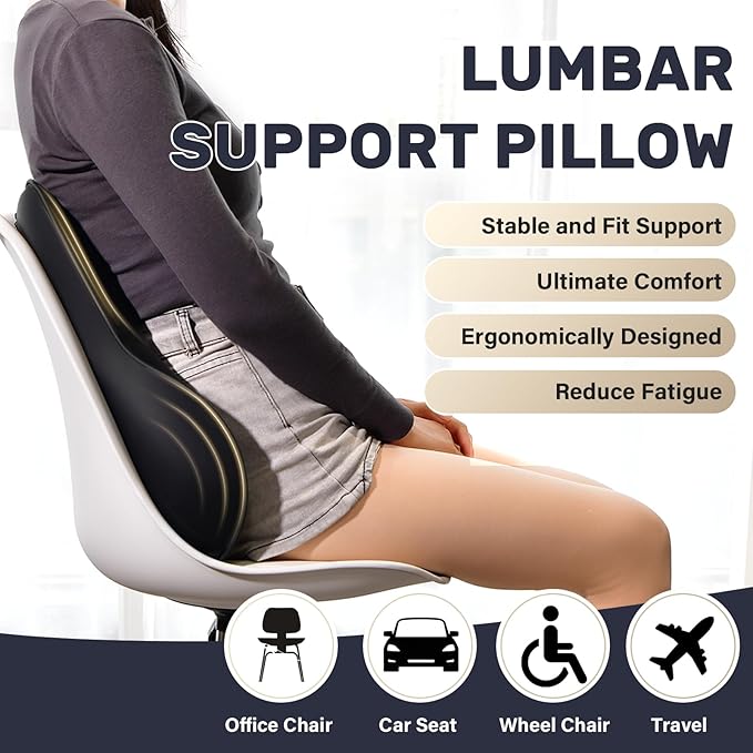 Coverado Lumbar Support Pillow for Car, Ergonomic Memory Foam Back Pillow for Office Chair, Back Cushion for Back Pain Relief, PU Leather Car Lumbar Support for Driving Seat