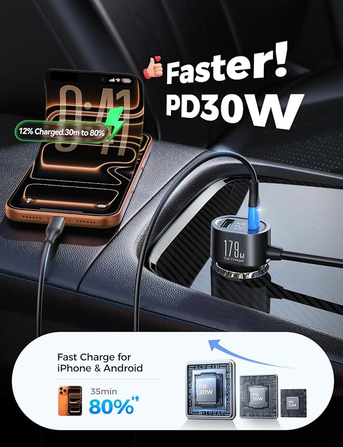 [2026 Upgraded] 7 in 1 Cigarette Lighter Adapter, JOYROOM 179W Car Charger Adapter with PD30W Charge(3.3FT Cable), 24V/ 12V Cigarette Lighter Splitter with Independent Switches & LED Voltage Display