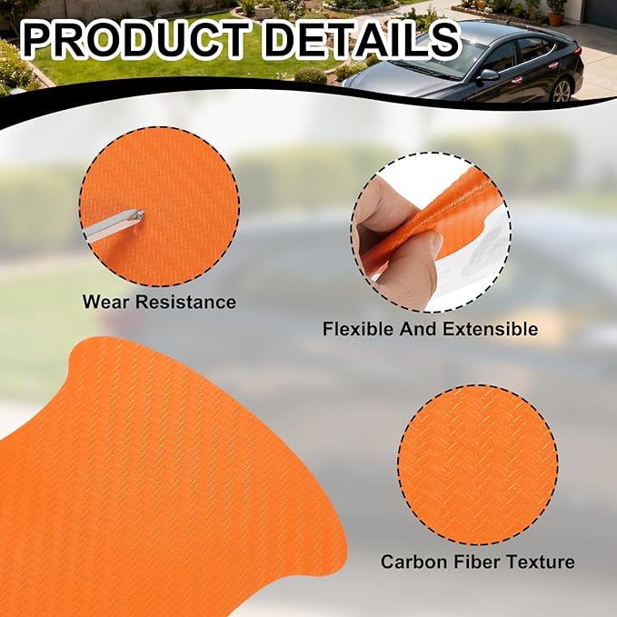 PATIKIL 2.68" x 3.35" Car Door Handle Sticker, 8Pcs Carbon Fiber Anti-Scratches Vehicle Door Cup Protector with Scraper Auto Door Handle Protective Film for Cars Trucks RV SUV, Orange
