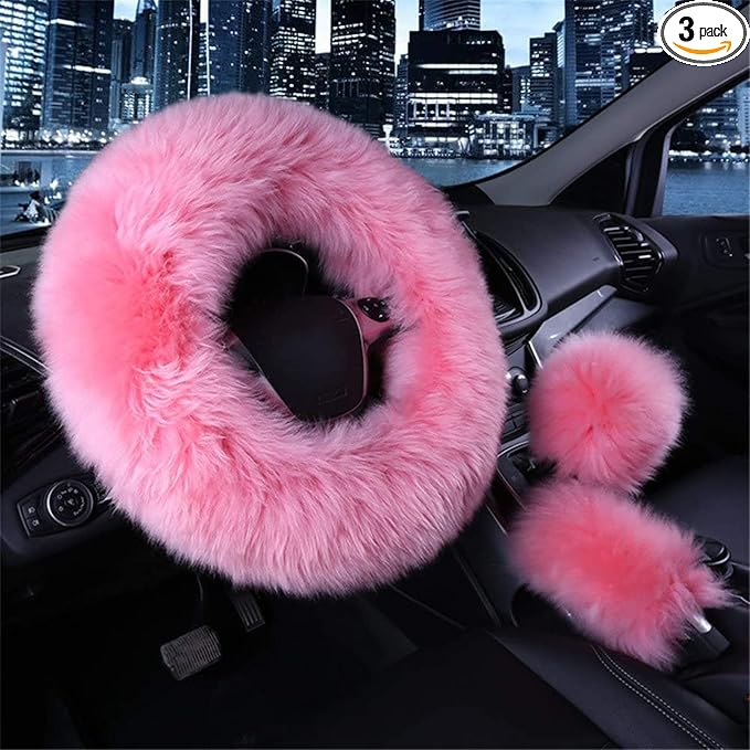 3 Pcs Car Steering Wheel Cover & Handbrake Cover & Gear Shift Cover Set Faux Wool Warm Winter (Pink)