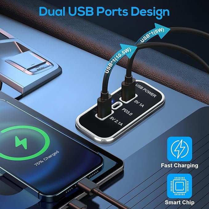 Linkstyle 12V USB Outlet, Dual USB A & 18W USB C Fast Charger Socket Panel with LED Light Flush Mount for Car Marine RV Truck