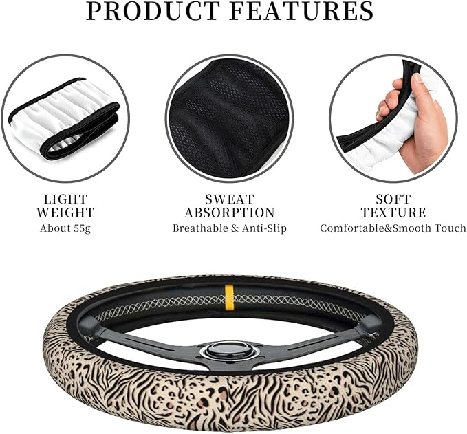 Leopard Zebra Print Steering Wheel Cover for Women Men Girls, Car Accessories Decor Thickened Anti-Slip Auto Steering Wheel Covers Protector Universal Fit 15 Inch for Cars, Truck, SUV