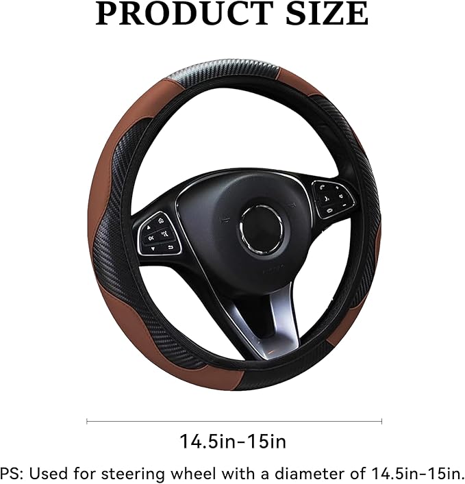 Car Steering Wheel Cover, 15 inch Carbon Fiber Microfiber PU Leather Elastic Steering Wheel Protector for Men Women, Anti-Slip Breathable Car Interior Accessories for Most Cars (Brown)