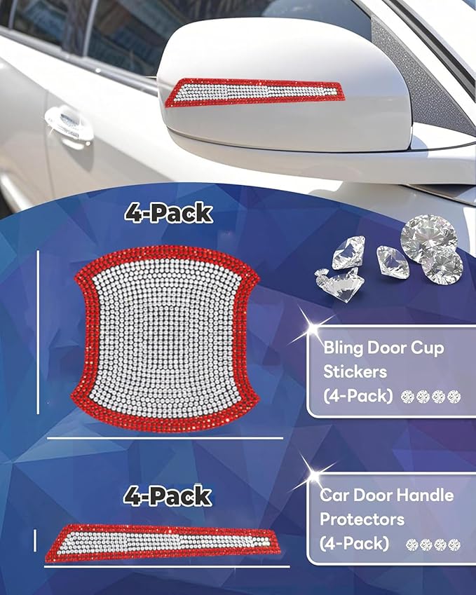 8Pcs Bling Car Door Handle Protector Stickers,Crystal Rhinestone Glitter Car Door Handles Cup Scratch Protectors Decals Universal (Red White)